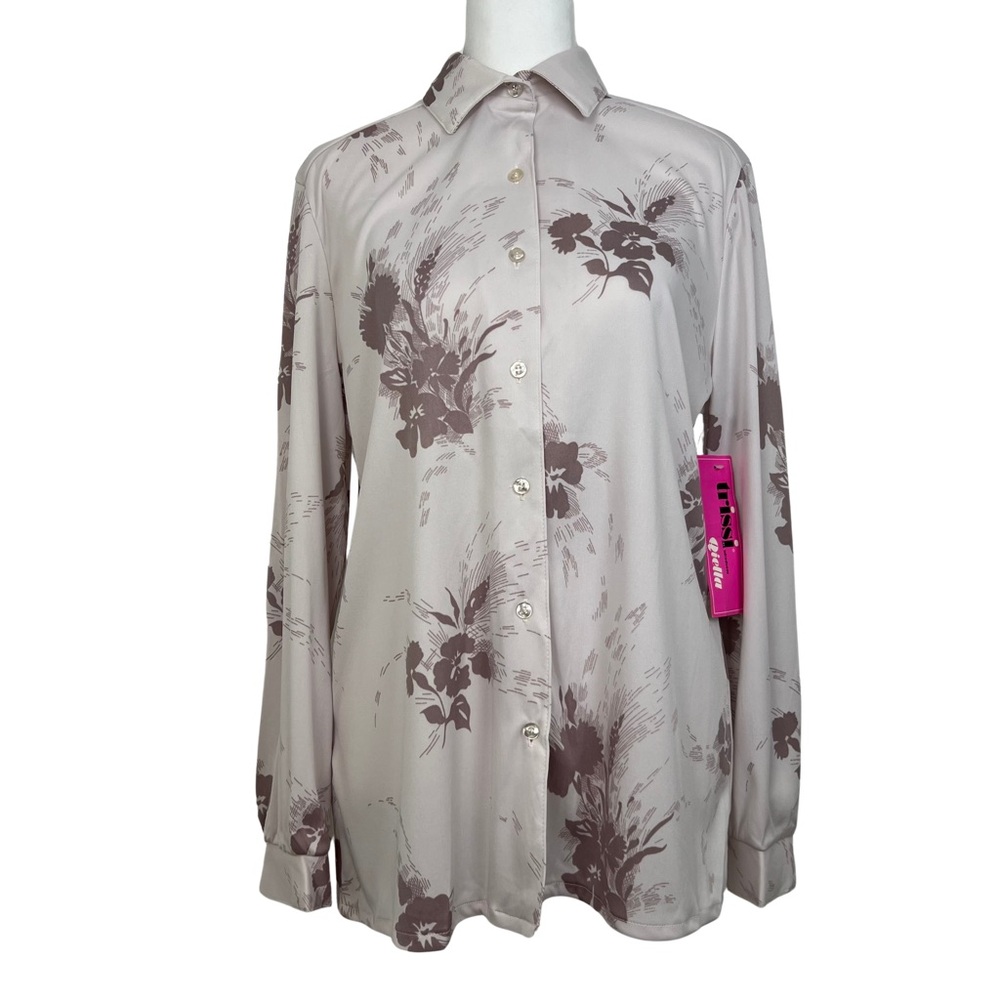 Trissi Vintage NWT Deadstock Mauve Floral Button Up Shirt Dagger Collar 70 Large